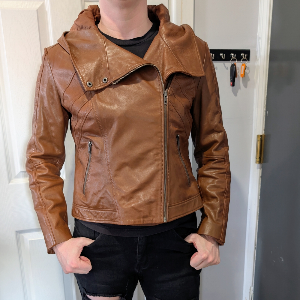 Brown Asymmetrical Leather Jacket With Hood